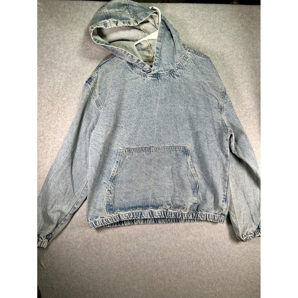 BoohooMAN Denim Hoodie Mens L Short Boxy Light Wash Acid Streetwear Pullover